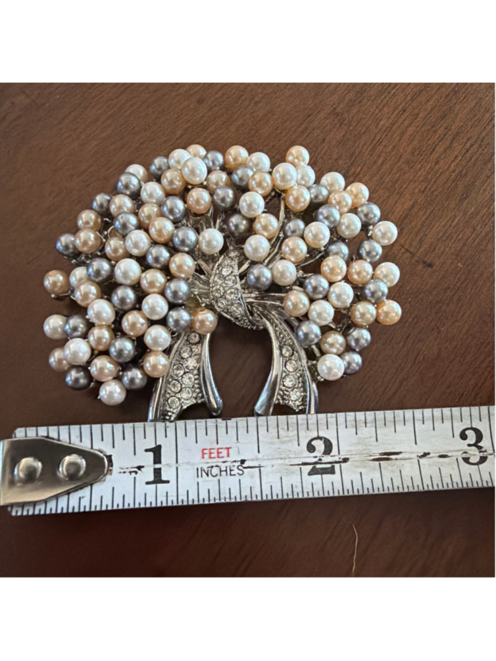 Vintage Silver Tone Faux Pearl Cluster Brooch Rhinestone Accent Statement Pin - Picture 5 of 8